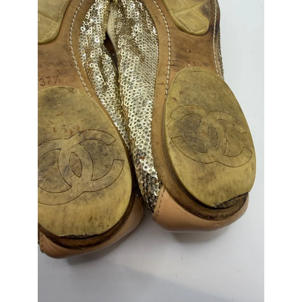 Chanel Gold Sequin Cap Toe Ballet Flats CC Logo Leather Trim Made in Italy 37.5